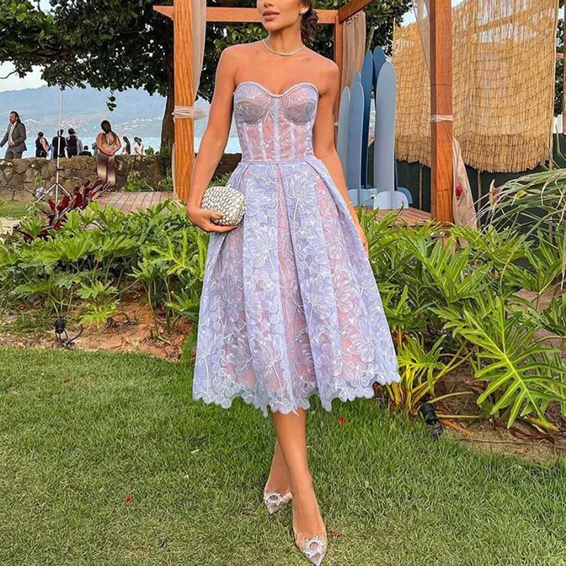 Summer New Evening Women's Dresses Slim A Line Dresses Sexy Strapless Embroidered Lace Club Dresses for Women