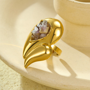 Bague à double rangée en acier inoxydable de style vintage, accessoires pour les mains, rétro, exagérée, incrustée de pierres naturelles - Product Image 3