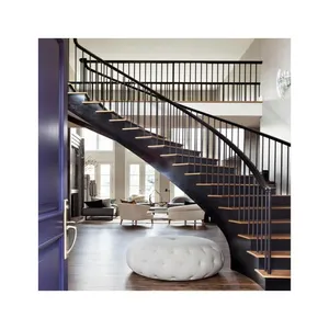 Современный дизайн, двойная стальная лестница, изогнутая деревянная лестница, лестница со стеклянной балюстрадой
