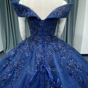 ANY259 <b>Glitter</b> Navy <b>Blue</b> Off Shoulder Lace Pattern Evening Ball Gown Drersses - Product Image 6