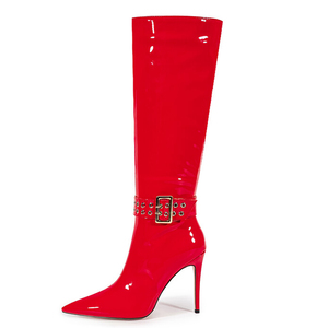 Bottes longues à talon aiguille brillant taille 47, ajustement large, avec boucles métalliques, pour femme - Product Image 3