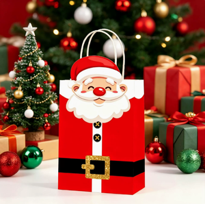Sac cadeau en papier kraft de Noël avec impression costume de Père Noël pour les cadeaux de fêtes et de réveillon de Noël avec lien. - Product Image 5