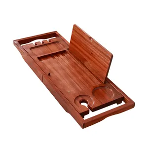 Rak mandi kayu dapat dipanjangkan, dengan dudukan untuk tablet dan ponsel dan buku, Meja mandi