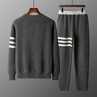 Ensemble de survêtement en tricot 2 pièces pour homme, 100% laine, cardigan zippé et pantalon, coupe oversize, à capuche, manches rayées, décontracté