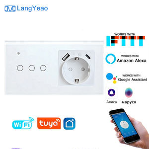 Interrupteur intelligent WiFi LangYeao et <span class=keywords><strong>prise</strong></span> EU type C USB 16A avec surveillance de la consommation d'énergie, panneau en verre trempé, compatible avec <span class=keywords><strong>Tuya</strong></span> Alexa Google Home - Product Image 1