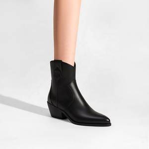 Bottines en similicuir <span class=keywords><strong>noir</strong></span> pour femmes, talon bas, fermeture éclair, bout pointu, style western, printemps/été, automne/hiver - Product Image 1