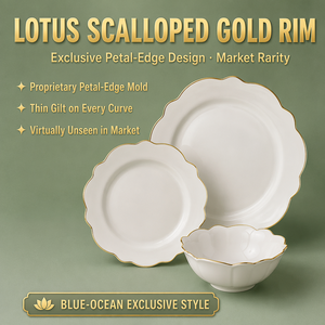 Service de table élégant en porcelaine fine de Chine nouvelle génération, 18 pièces, avec bordure en or véritable, motif lotus festonné, idéal pour les mariages et les dîners raffinés - Product Image 3