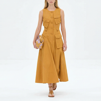Mode estivale, débardeur décontracté en maille à col en V profond, drapé, uni, plissé, coupe trapèze, avec poches cargo et détails zippés, vente en gros, personnalisable