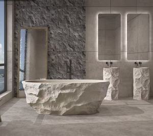 Moderna <span class=keywords><strong>Bañera</strong></span> Ovalada Independiente de Piedra Artificial con Superficie Inferior Antideslizante para Baño en Apartamentos Pequeños - Product Image 6