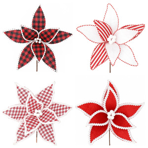 Décorations florales de Noël à carreaux rouges et blancs, tiges de poinsettia en tissu faites à la main pour un arbre de Noël élégant - Product Image 1