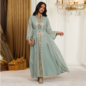 Abaya Moda Femminile Mediorientale con Applicazioni in Rete e Perline, Vestito Pullover Musulmano - Product Image 2