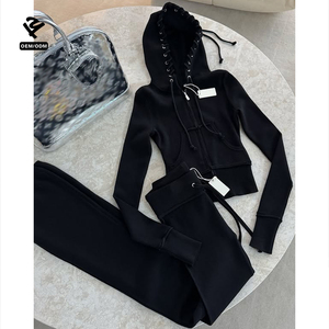 Ensemble survêtement personnalisé délavé pour femme, veste à capuche zippée et <span class=keywords><strong>pantalon</strong></span> évasé, ensemble deux pièces, vêtements pour femme, streetwear Y2k - Product Image 2