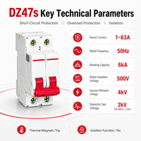 Disyuntor en miniatura DZ47s MCB 1P 1P+N 2P 3P 3P+N 4P 1-63A 230V 400V CA 6kA Curva B C D Riel DIN de 35mm