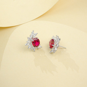 925 Silver 8x10mm Oveal Lab Ruby <b>Stud</b> <b>Earrings</b> Sterling Silver Lab-Grown Ruby Halo <b>Stud</b> <b>Earrings</b> - Product Image 5