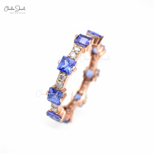 Bague d'éternité en tanzanite bleue naturelle 2Ctw taille carrée en or rose véritable 14 carats 1.8mm diamant rond personnalisé bijoux en gros - Product Image 1