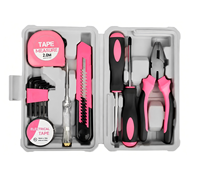 Kit d'outils à main multifonctionnels pour la maison, boîte rigide universelle rose, ensemble de 13 outils, ensemble d'outils manuels de réparation multifonctionnels pour le bricolage