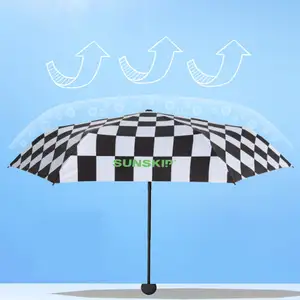 Best Quality Fold Up Lady Umbrella Black And White Checkerboard-pattern 3 Folding Umbrella For Shop