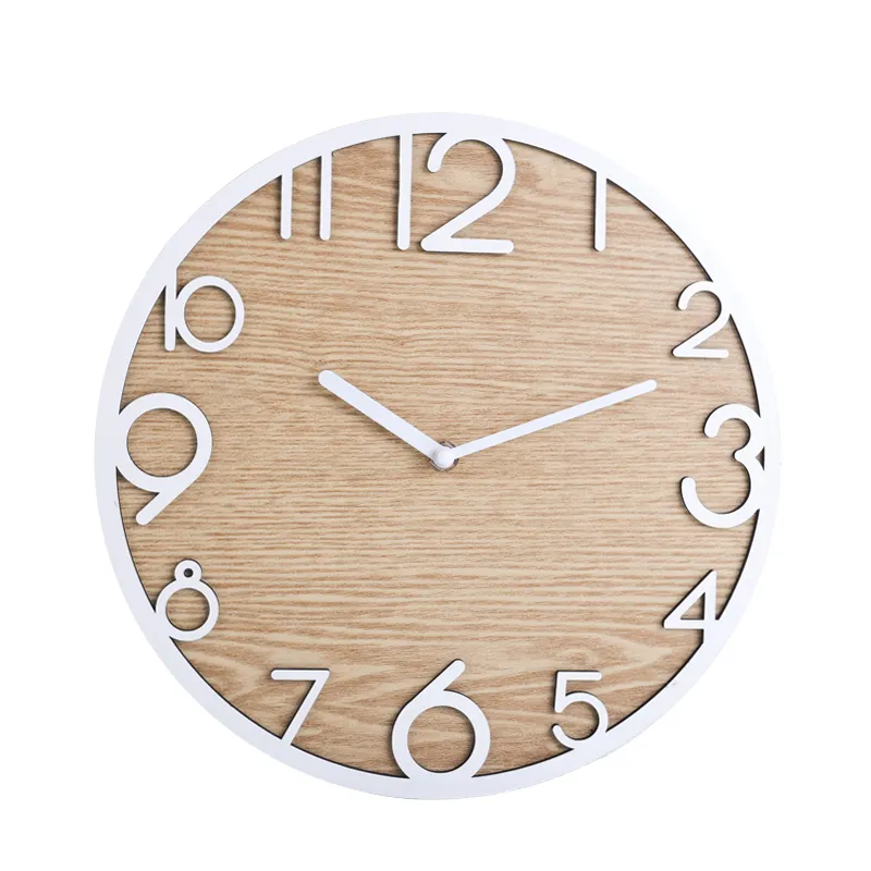 12インチホームクリエイティブ円形二重層MDFサイレント木製ファッション装飾デジタル壁掛け時計