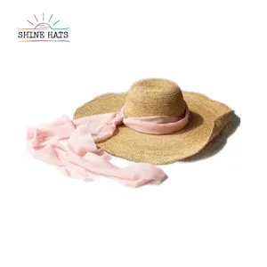 Shinehats别致的沙滩酒拉菲亚草帽宽边夏季太阳女女士船夫圆顶硬礼帽，带彩色丝带