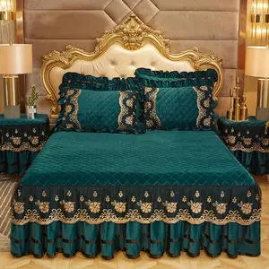 American Style nature Green Plush Quilted Velvet Bed Skirts With Lace Design