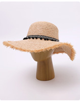 Chapeau de soleil pour femme en paille de raphia tressée à la main, à large bord et calotte ronde, avec bord brut et pompon, style coréen, pour l'été, la plage et les voyages, chapeau jazz
