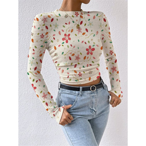 Solid Color Slim Long Sleeve Plaid Round Neck Women's T-Shirt Drawstring <b>Tops</b> Fashion - Product Image 4