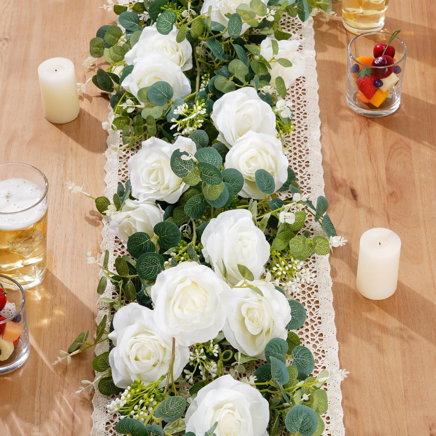 195m vert feuille d'or fruit-8 roses-blanc laiteux