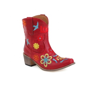 Botas de vaquero cortas con punta en pico para mujer, Botines de tacón grueso con bordado de Color Retro, talla grande, 2022 - Product Image 6