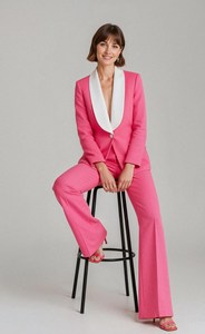 Women's Hot Pink Two Piece Suit Set Tailored Blazer and High Waist Flared <b>Pants</b> with Slit Hem Modern Business Wear Wholesale - Product Image 2