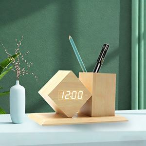 Horloge de bureau numérique en bois avec porte-stylo, commande vocale, LED, 3 réglages d'alarme, température, organisateur de bureau pour la décoration de la maison et du bureau - Product Image 2