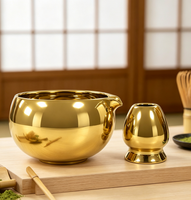 Ensemble de bols à matcha dorés de qualité supérieure OEM avec bec verseur, 4 pièces, kit de cérémonie du thé matcha japonais, logo gravé au laser personnalisé, ensemble cadeau matcha