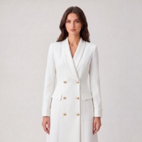 Robe Blazer Femme Blanche Double Boutonnage Revers Cranté Manches Longues Longueur Genou pour Bureau, Hôtel, Réceptionniste, Sur Mesure