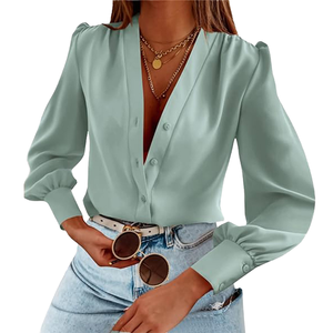 Chemisier en satin à manches longues et col en V pour femme, manches bouffantes, boutonné, couleur unie, haut décontracté, à porter au printemps et en été - Product Image 1