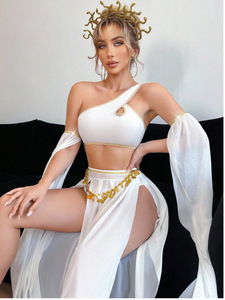 Costume de scène de déesse arabe pour Halloween, robe de danse exotique sexy moulante en maille unie en polyester - Product Image 4