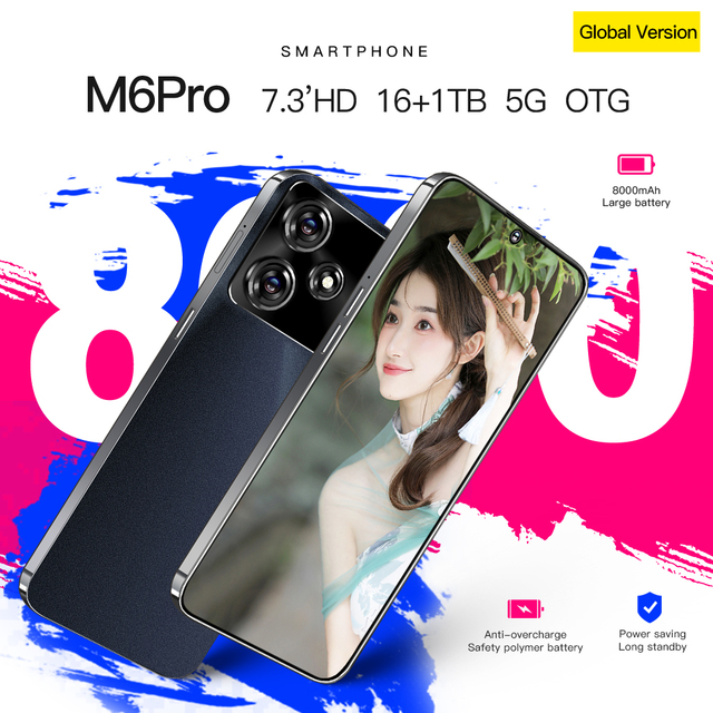 M6 Pro Mark Sharp Cheap Telephone 5G Powerhouse 7.3 Inch AMOLED 108MP Lens 8000mahi 16GB 1TB Cheap Unlocked Standby Clone Match