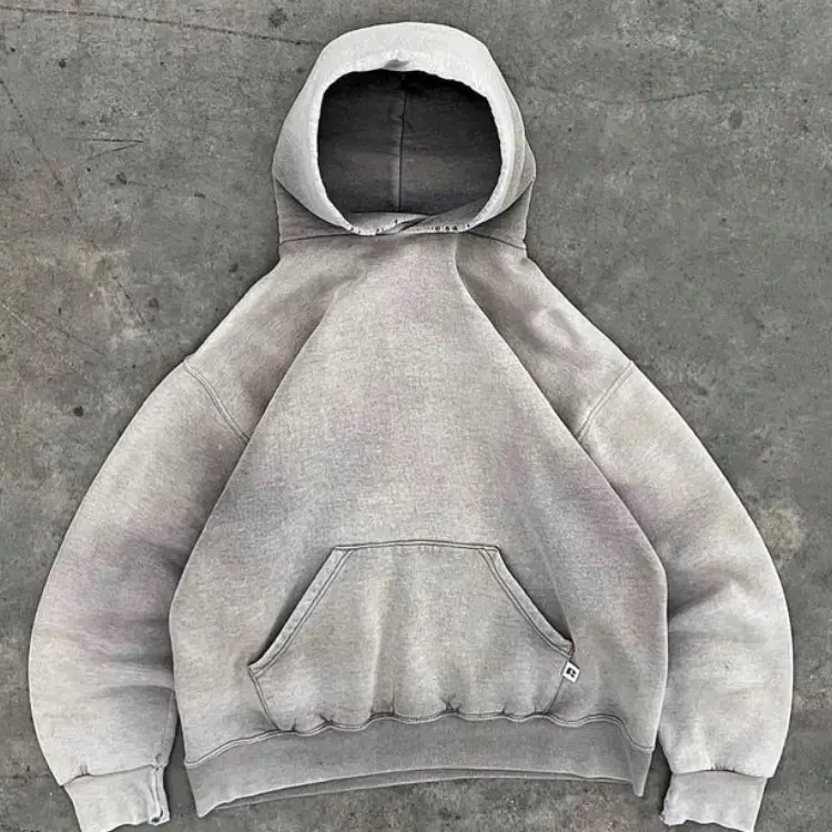 Özel vintage gri fransız terry boy % 100% pamuk ağır erkekler güneş soluk 500 gsm boş asit yıkanmış sıkıntılı hoodie