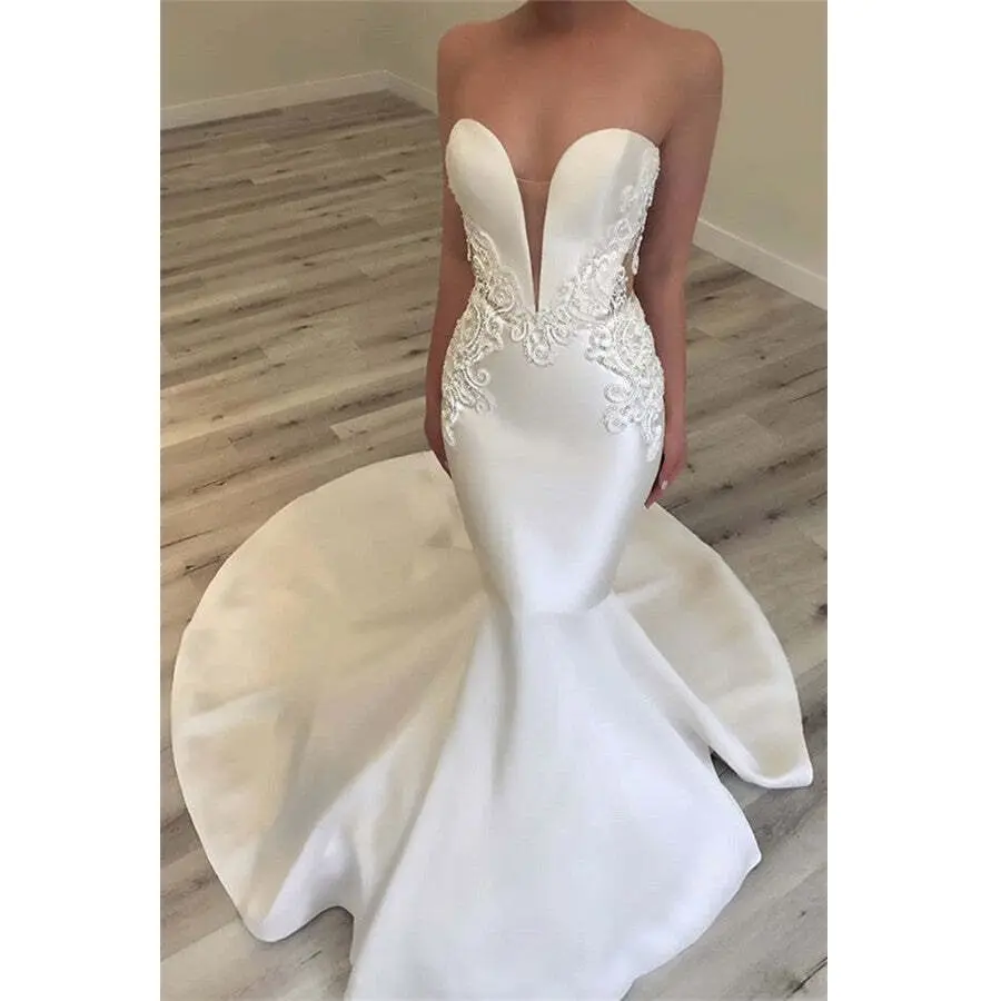 Elegant Mermaid Sweetheart Wedding Dresses Satin Beaded Lace 2023 Strapless Bridal Wedding Gowns