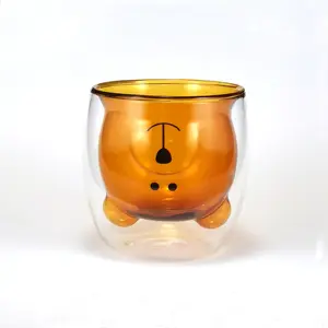 Taza de café de anime 3D de 242 ml y 8,5 oz, taza de animales, oso, doble pared, leche, vaso de vidrio bonito