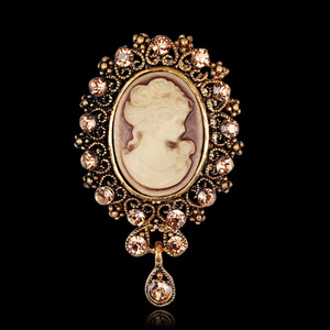 Broche vintage élégante avec <span class=keywords><strong>camée</strong></span> de dame victorienne et cristaux - Product Image 2