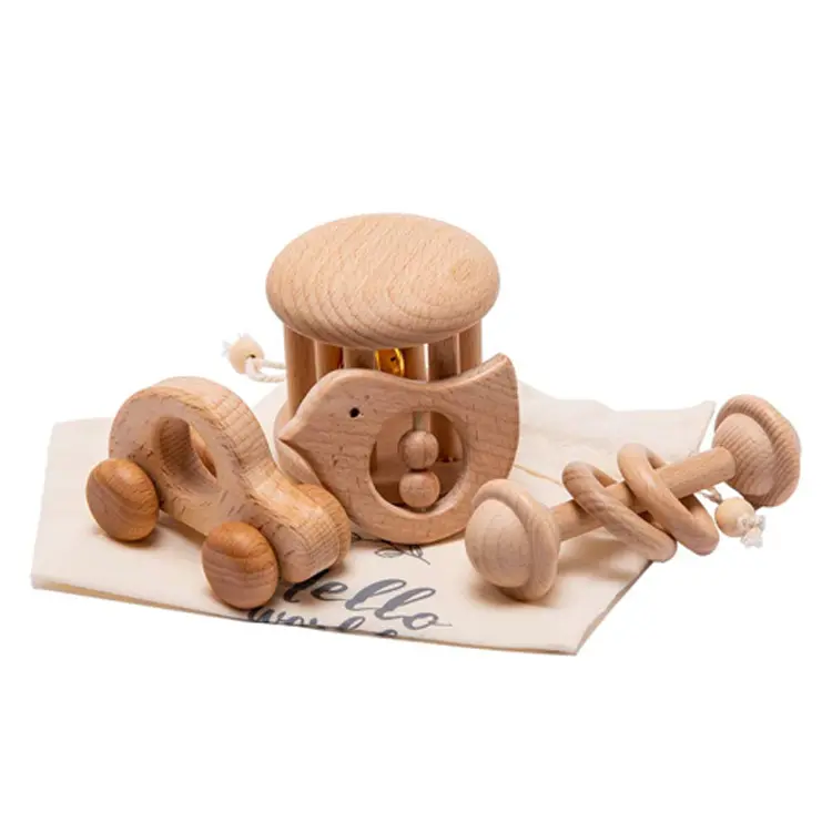 Montessori Organic Infant Toddler Grasping And Chewing Wooden Baby Teething Toys Molars Soothing Natural Wooden Teether Rattles