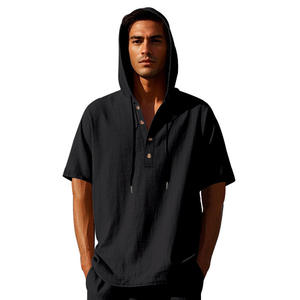 Cross Border Men's Summer <b>Linen</b> Hooded Henley <b>Shirt</b> <b>Short</b> <b>Sleeve</b> Breathable Casual Loose Fit Sport Wear - Product Image 2