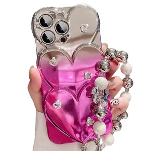 Luxe galvanoplastie changement progressif rose 3D amour coeur étui pour iphone 15 pro max 14 13 12 11 belle couverture de téléphone antichoc Fundas