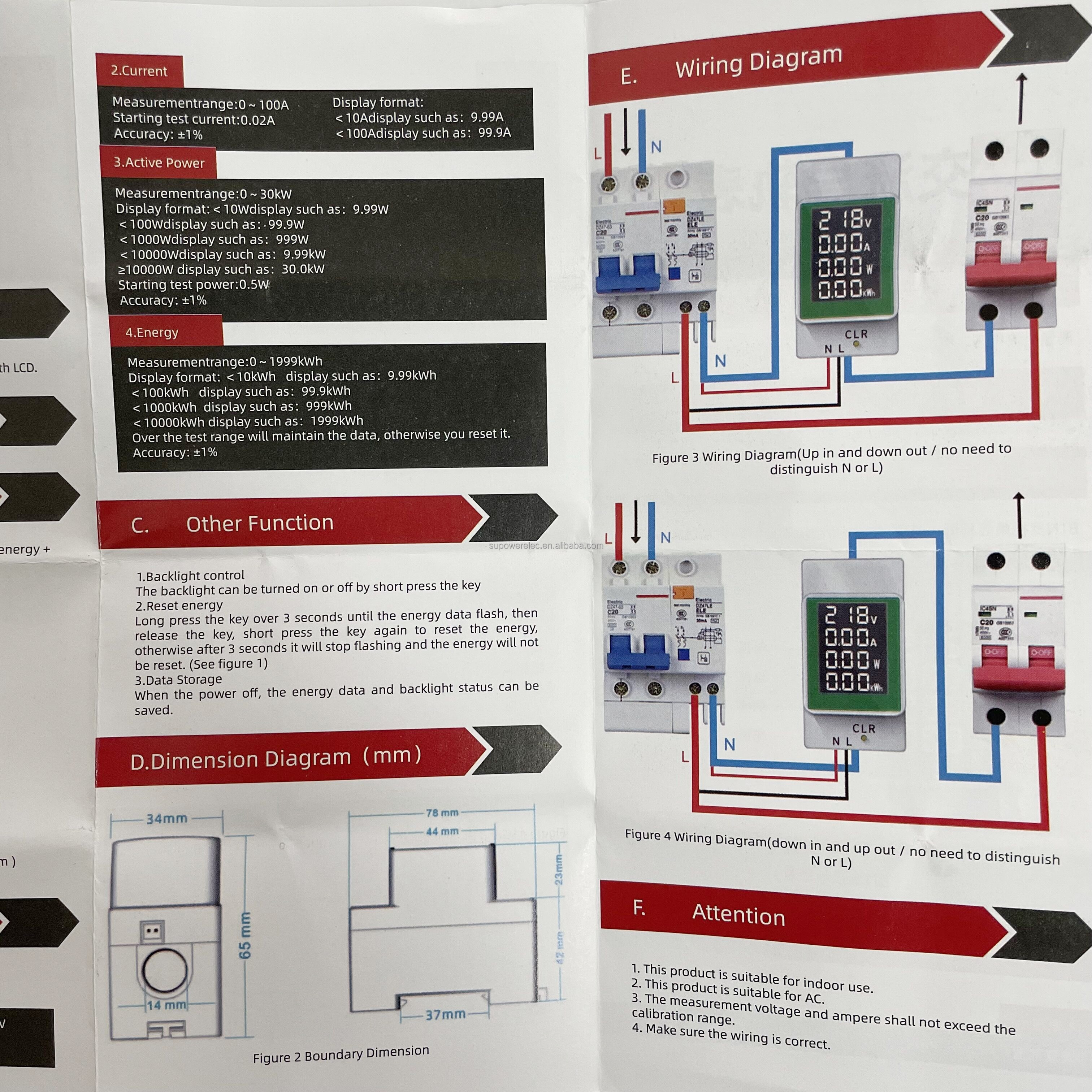 Einphasiger digitaler Volt-Ampere-Watt-Kwh-Energiezähler für DIN-Schienenmontage, 4-in-1, 0 ~ 100 A, AC 50 V bis 300 V, Wattmeter, Voltmeter mit eingebautem CT
