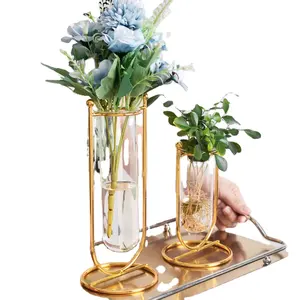 कांच के फूलदान शादी का केंद्रबिंदु हाइड्रोपोनिक प्लांट फूल फूलदान आयरन जियोमेट्रिक ग्लास टेस्ट ट्यूब मेटल प्लांट होल्डर आधुनिक गृह सजावट
