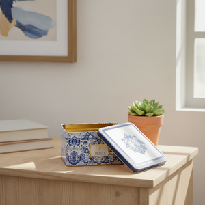 2.2L Slip Lid Azulejo-Inspired <b>Blue</b> & White Decorative Pattern 158x158x87mm Square Metal <b>Storage</b> <b>Box</b> Practical & Aesthetic - Product Image 3