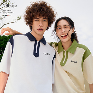เสื้อโปโลแบบซิปครึ่งตัว 240 แกรม ทรงหลวม ใส่ได้ทั้งชายและหญิง ตัดต่อสีตัดกัน แขนสั้น ผ้าถัก คุณสมบัติกันยับ - Product Image 1