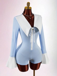 G02439C Combinaison décontractée pour femme, design à nœud et boutons contrastants, printemps 2026, col à revers, manches évasées, coupe ajustée, style sportswear - Product Image 4