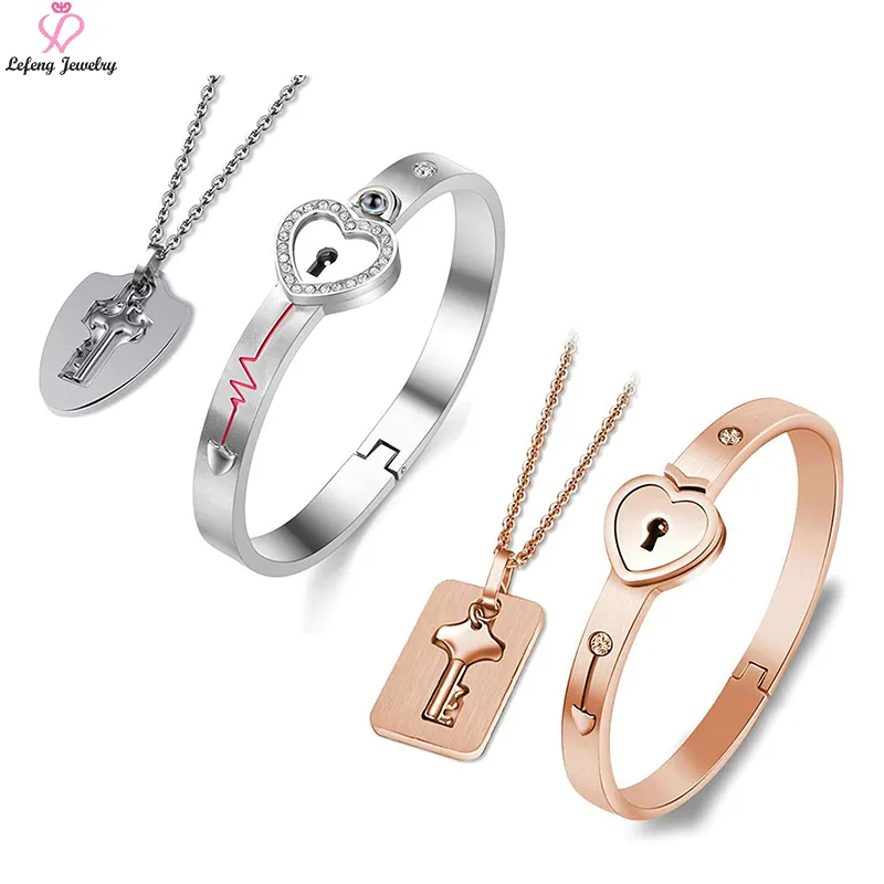 Lefeng Custom Jewelry Stainless Steel Black Silver Gold Plated Zircon Couple Heart Lock Bangle Bracelet Key Necklace Sets