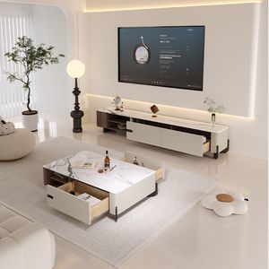 Set di <span class=keywords><strong>Tavolino</strong></span> da Caffè Rettangolare <span class=keywords><strong>Basso</strong></span> e Mobile <span class=keywords><strong>TV</strong></span> in Legno con Piano in Marmo di Lusso Moderno per Soggiorno e Camera da Letto con Cassetti, Design Unico - Product Image 4