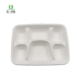 Fiambrera de caña de azúcar Biodegradable desechable, compartimentos para Eco-friendly6, platos de papel, bandeja con divisiones y tapas